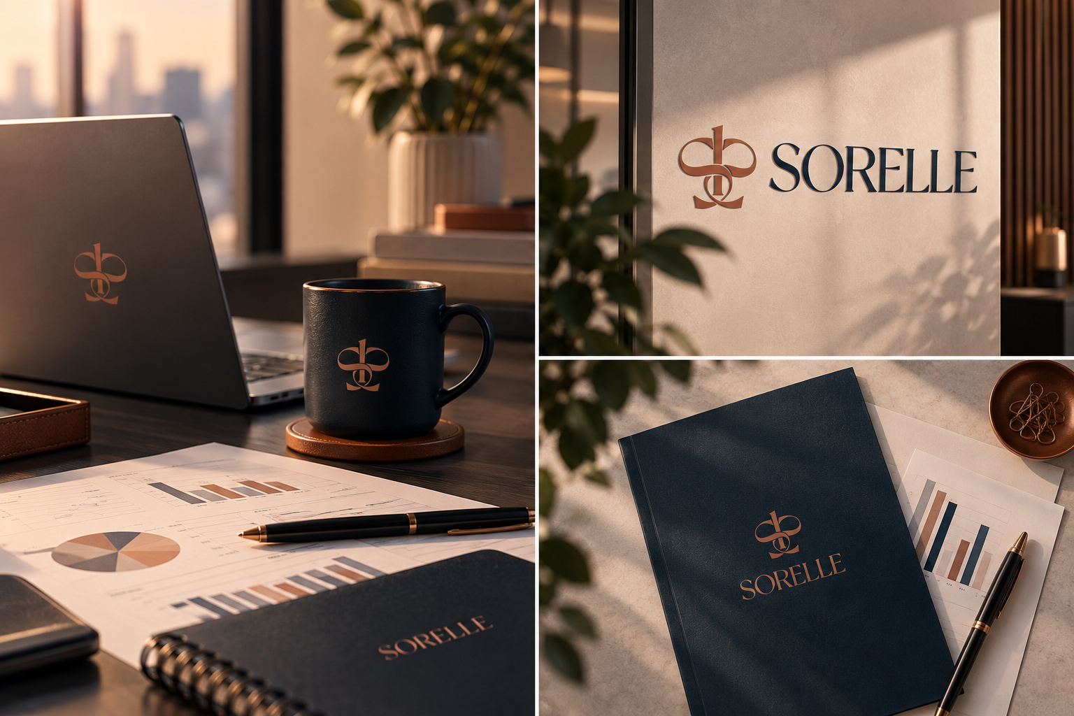 Materiais da Sorelle: caderno, caneca e relatórios com a identidade da marca